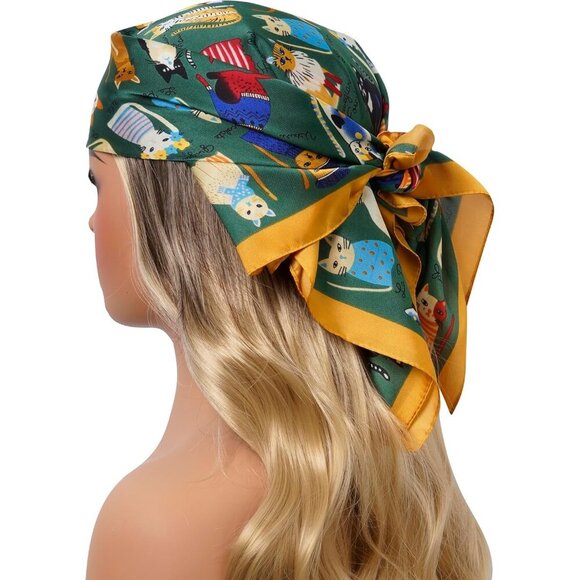 Women Green Cats Headscarf Satin Bandana Pattern Polyester Breathable Scarves - Picture 3 of 7